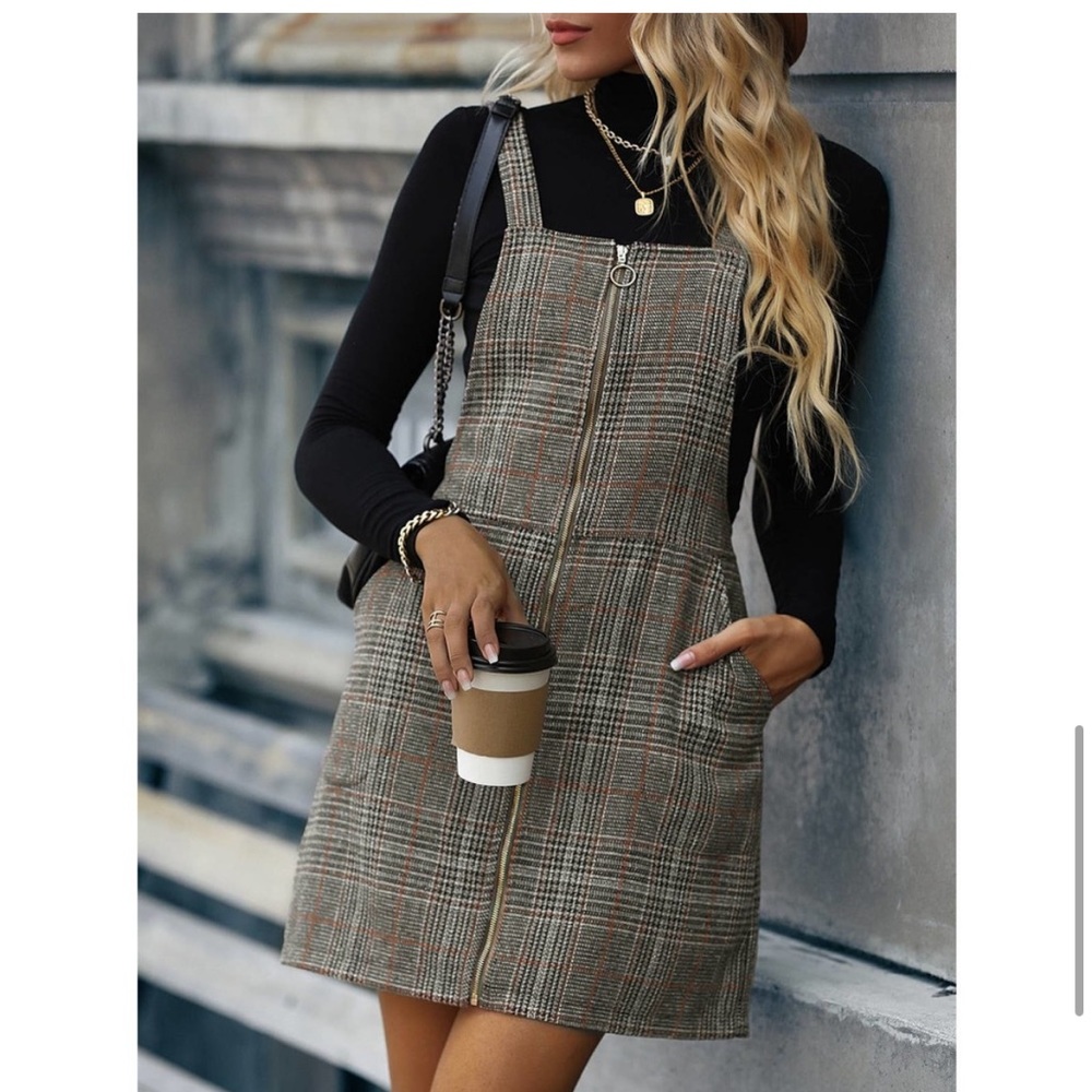 Tartan plaid O ring zipper overall dress without tee